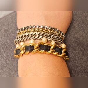 Juicy Couture Gold Multiple Bangle Bracelet Multi Strand Pearl Rhinestone Ribbon